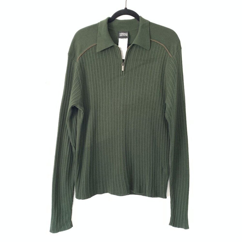 Vintage Versace Green Ribbed Quarter-Zip Knit Sweater Size S Brown Trim Wool